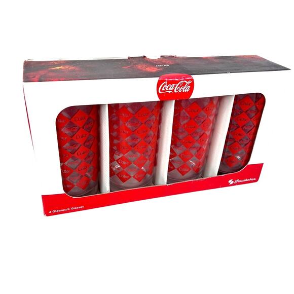 Coca-Cola Coca Cola Hi Ball Diamond Red Print Glass - Set of 4 NEW IN BOX - Picture 1 of 8